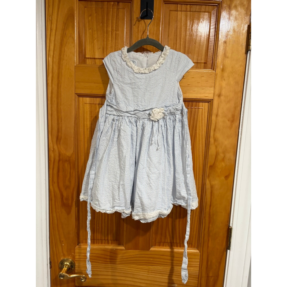 Laura Ashley Girls Seersucker Dress Blue White Lace Trim Size 5 Easter Spring - Picture 1 of 3